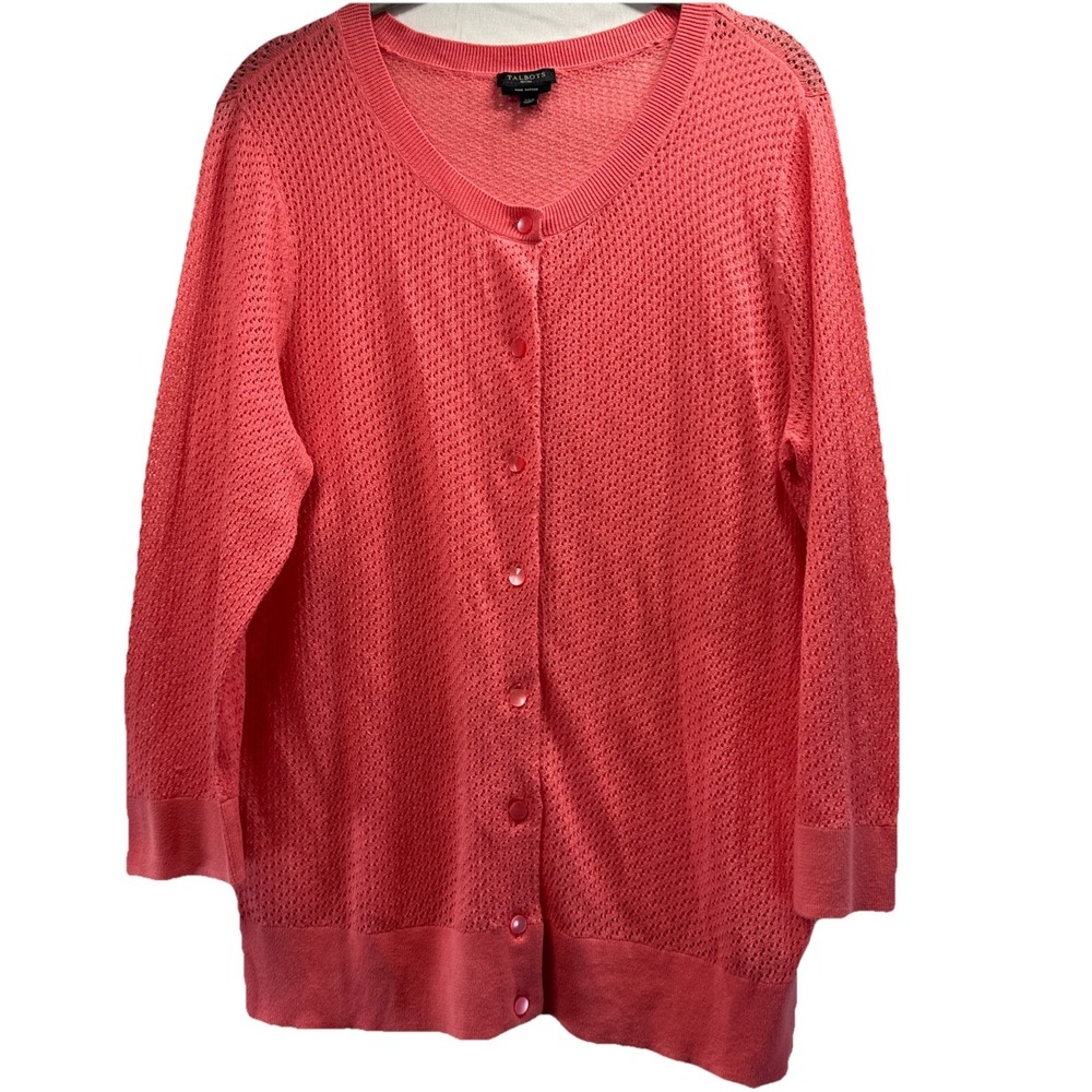 Talbots Women's Cardigan Sweater XLP Solid Coral Open Knit Semi Sheer‎ Button Up